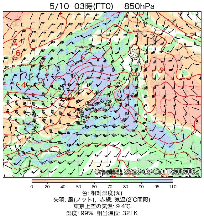 2025年5月10日の日本周辺の850hPa天気図（3時）
