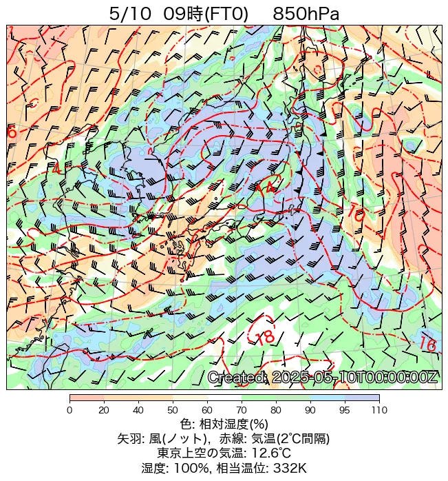 2025年5月10日の日本周辺の850hPa天気図（9時）