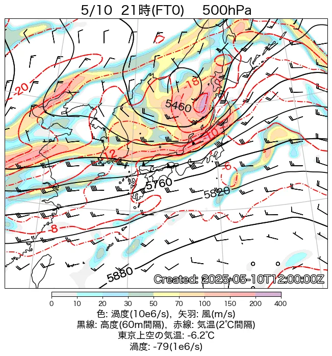 2025年5月10日の日本周辺の500hPa天気図（21時）