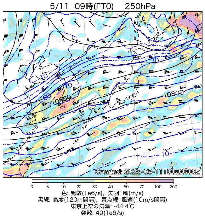 2025年5月11日の日本周辺の250hPa天気図（9時）