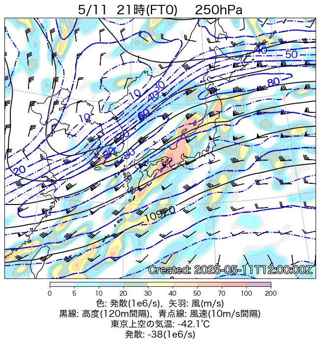 2025年5月11日の日本周辺の250hPa天気図（21時）