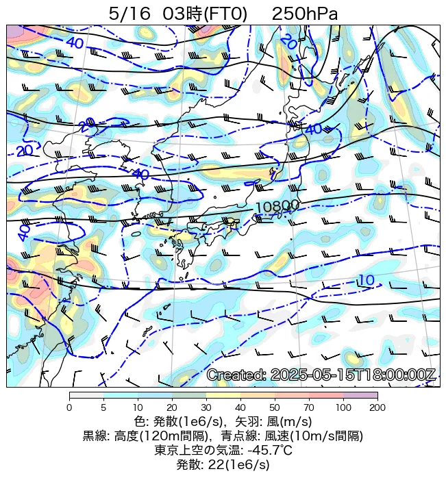 2025年5月16日の日本周辺の250hPa天気図（3時）