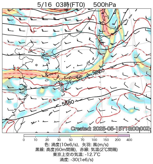 2025年5月16日の日本周辺の500hPa天気図（3時）