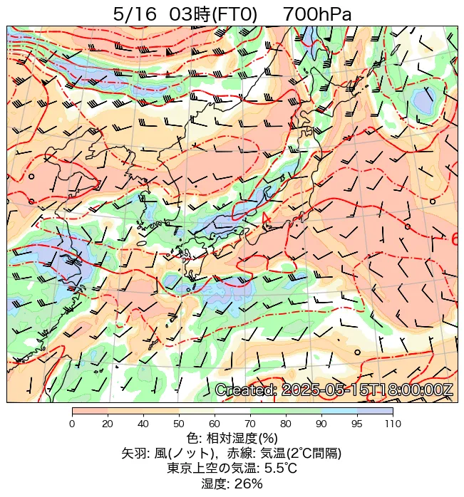 2025年5月16日の日本周辺の700hPa天気図（3時）