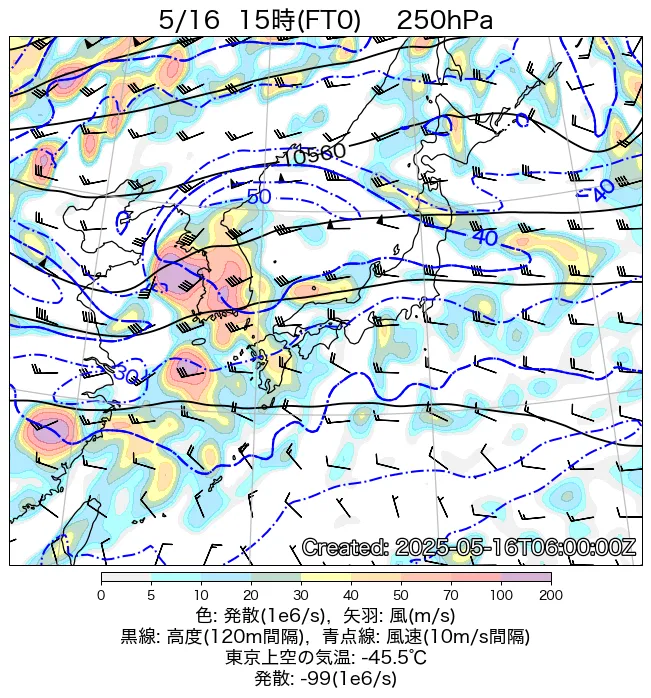 2025年5月16日の日本周辺の250hPa天気図（15時）