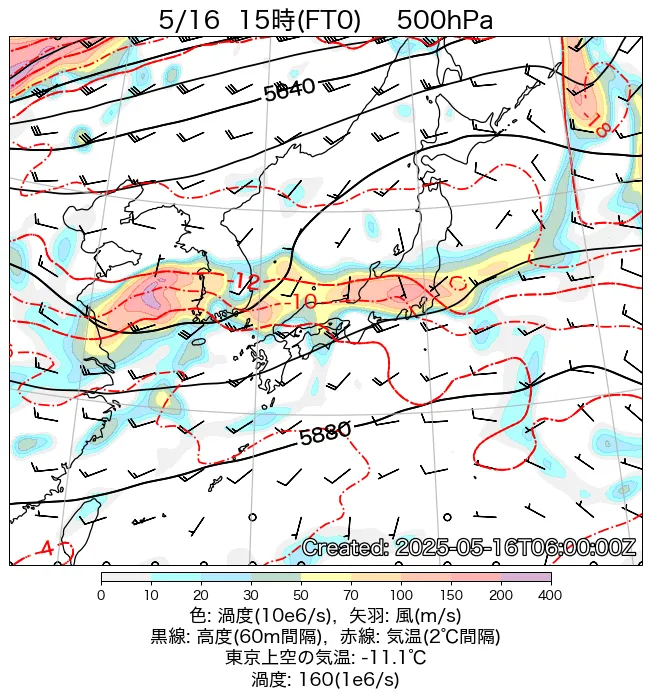 2025年5月16日の日本周辺の500hPa天気図（15時）