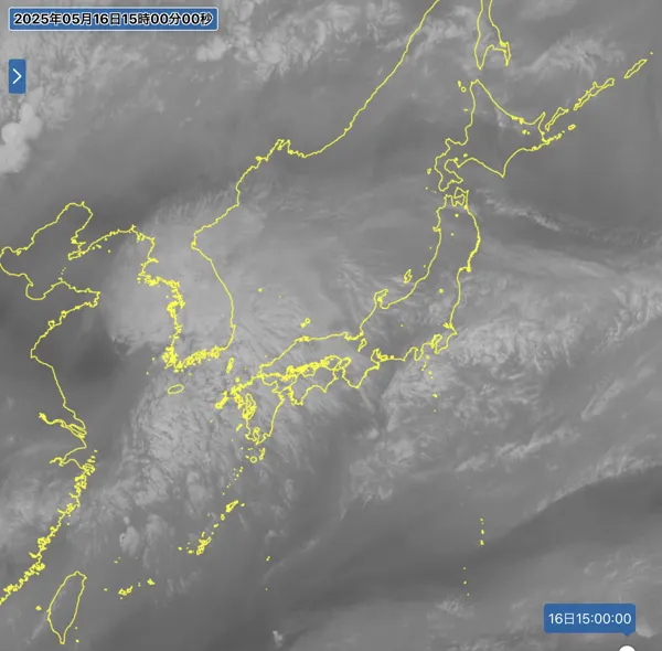 2025年5月16日15時の日本周辺の衛星水蒸気画像