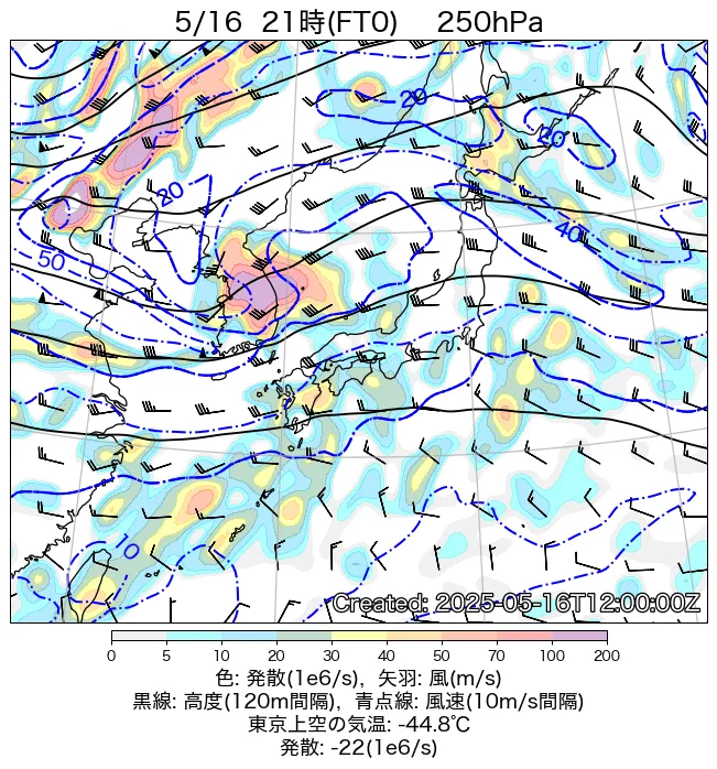 2025年5月16日の日本周辺の250hPa天気図（21時）
