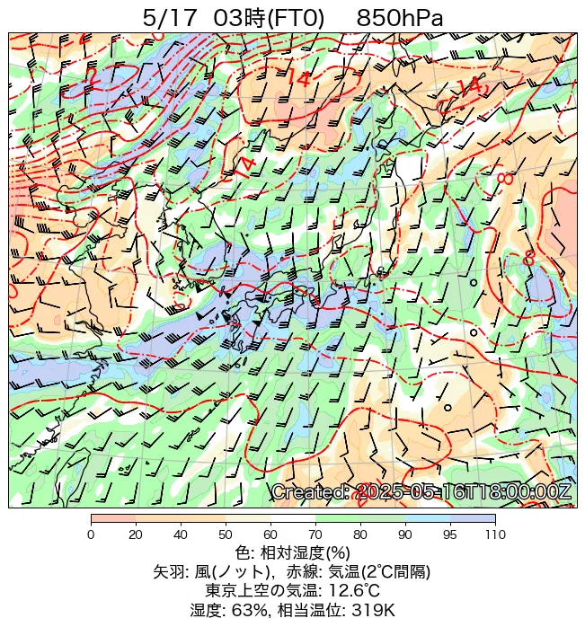 2025年5月17日の日本周辺の850hPa天気図（3時）
