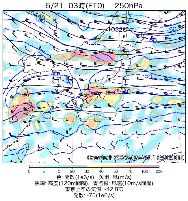 2025年5月21日の日本周辺の250hPa天気図（3時）