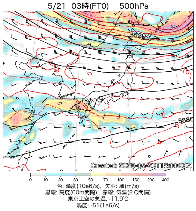 2025年5月21日の日本周辺の500hPa天気図（3時）