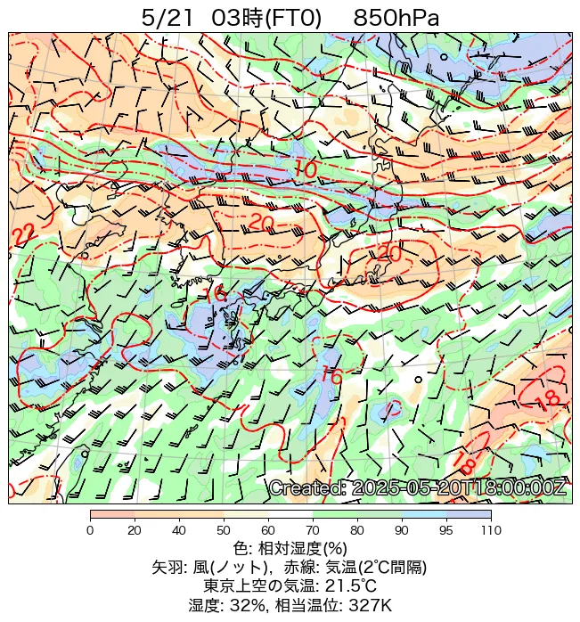 2025年5月21日の日本周辺の850hPa天気図（3時）