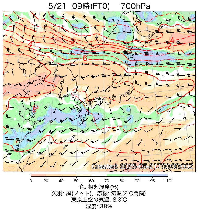 2025年5月21日の日本周辺の700hPa天気図（9時）