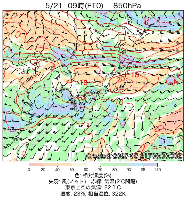 2025年5月21日の日本周辺の850hPa天気図（9時）
