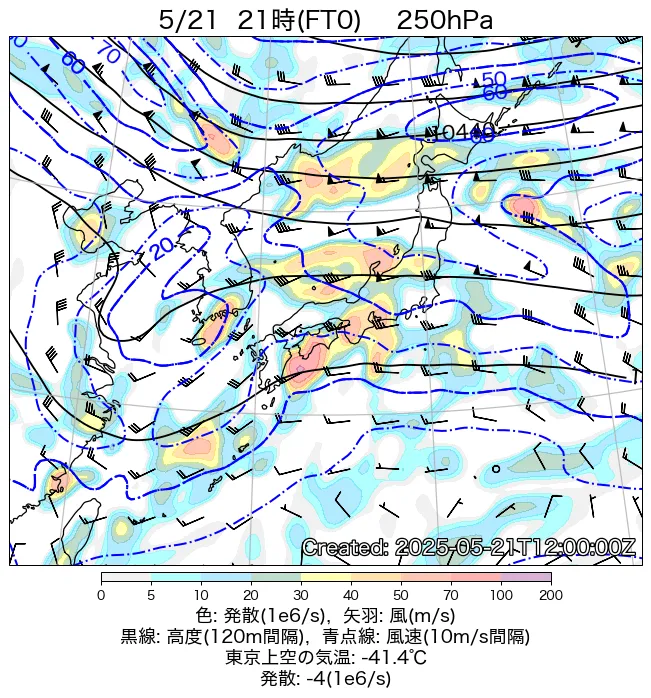 2025年5月21日の日本周辺の250hPa天気図（21時）