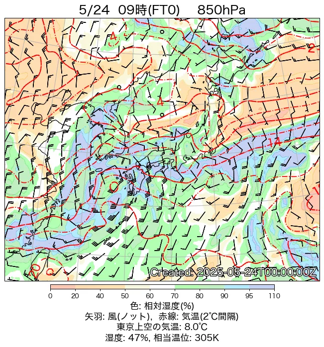 2025年5月24日の日本周辺の850hPa天気図（9時）