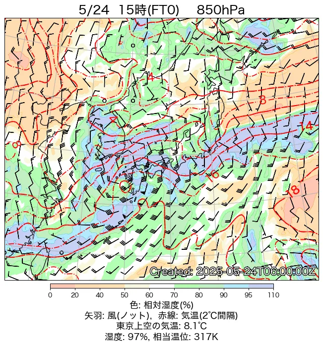 2025年5月24日の日本周辺の850hPa天気図（15時）
