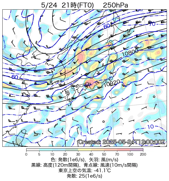 2025年5月24日の日本周辺の250hPa天気図（21時）