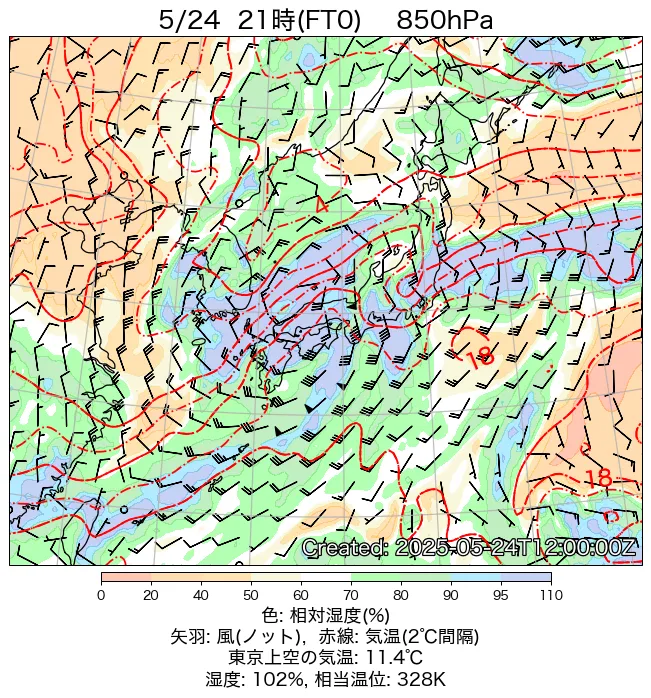 2025年5月24日の日本周辺の850hPa天気図（21時）