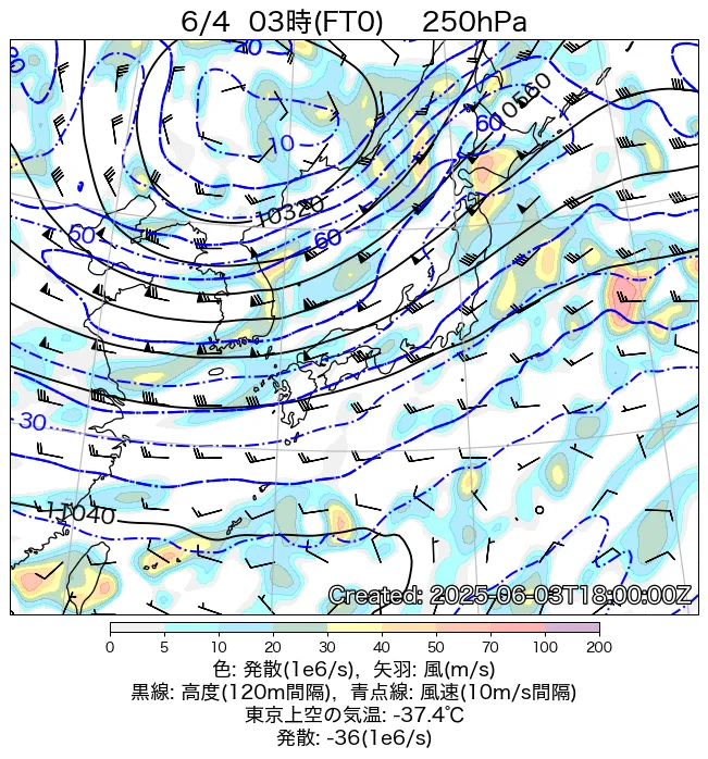 2025年6月4日の日本周辺の250hPa天気図（3時）