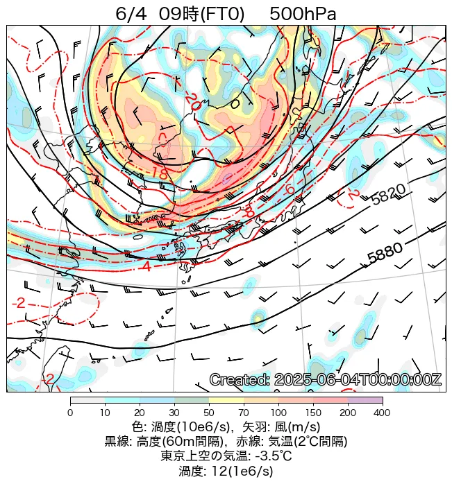 2025年6月4日の日本周辺の500hPa天気図（9時）
