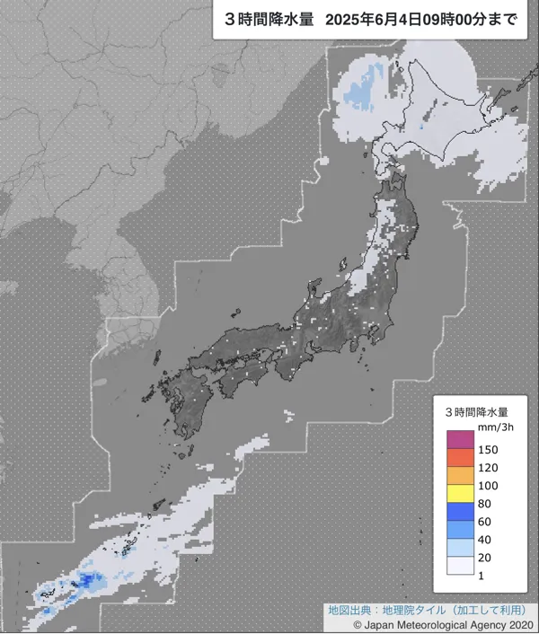 2025年6月4日の日本周辺の6〜9時の3時間解析降水量