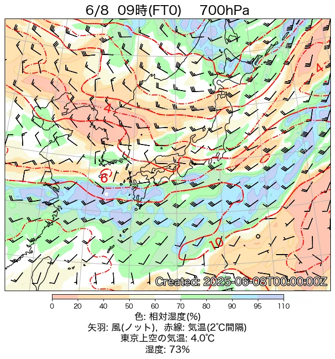 2025年6月8日の日本周辺の700hPa天気図（9時）