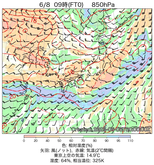 2025年6月8日の日本周辺の850hPa天気図（9時）