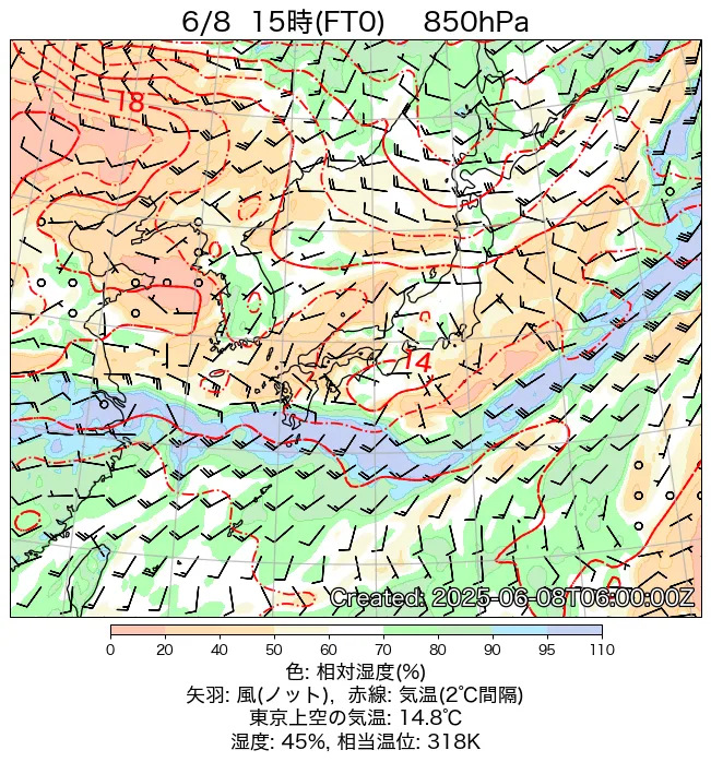 2025年6月8日の日本周辺の850hPa天気図（15時）