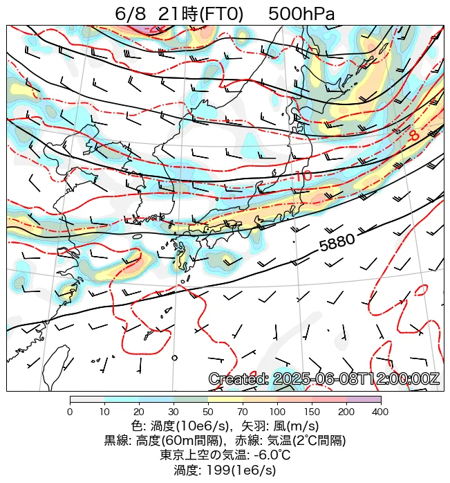 2025年6月8日の日本周辺の500hPa天気図（21時）