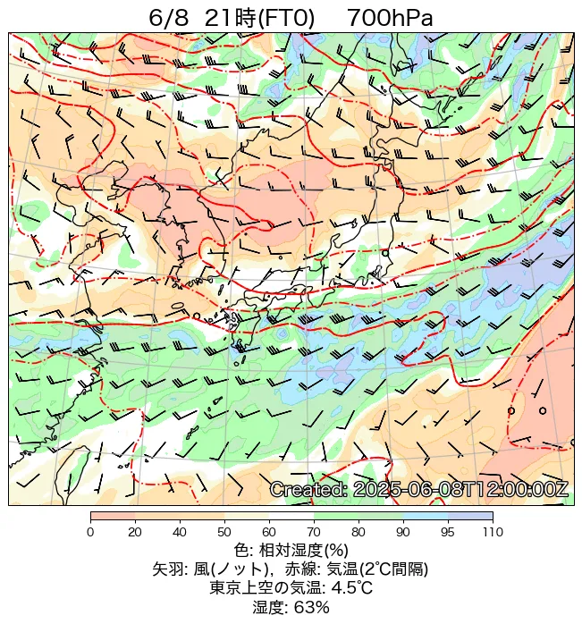 2025年6月8日の日本周辺の700hPa天気図（21時）