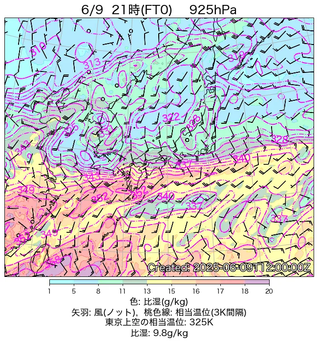 2025年6月9日の日本周辺の925hPa天気図（21時）