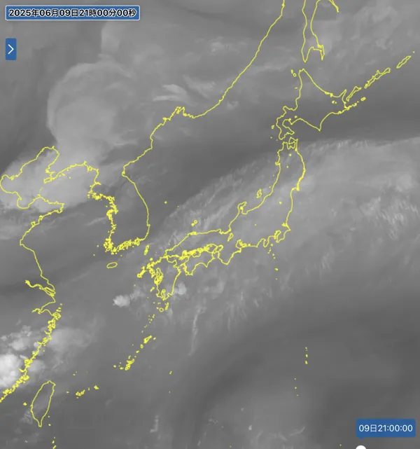 2025年6月9日の日本周辺の衛星水蒸気画像（21時）