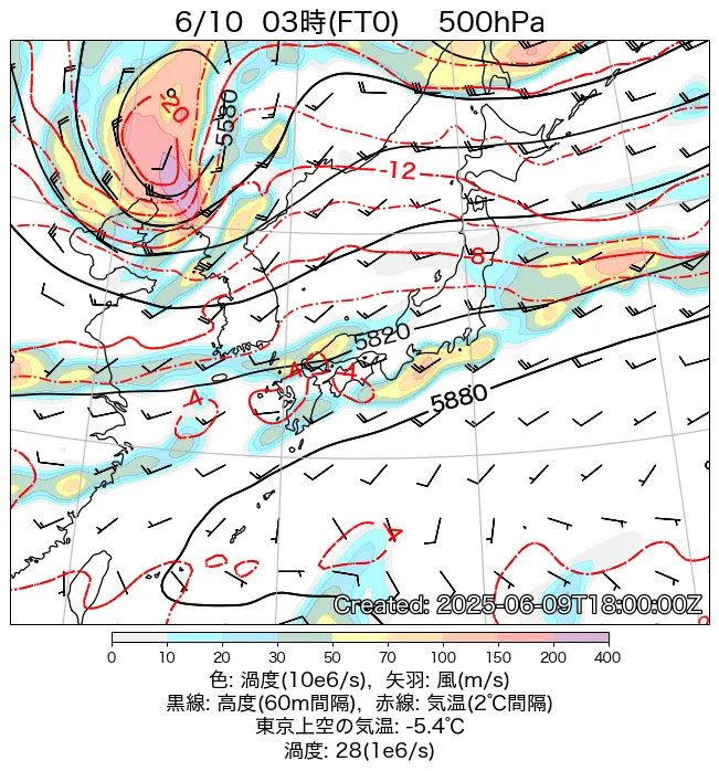 2025年6月10日の日本周辺の500hPa天気図（3時）