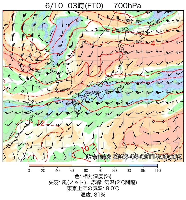 2025年6月10日の日本周辺の700hPa天気図（3時）