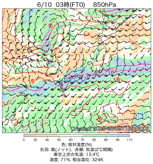 2025年6月10日の日本周辺の850hPa天気図（3時）