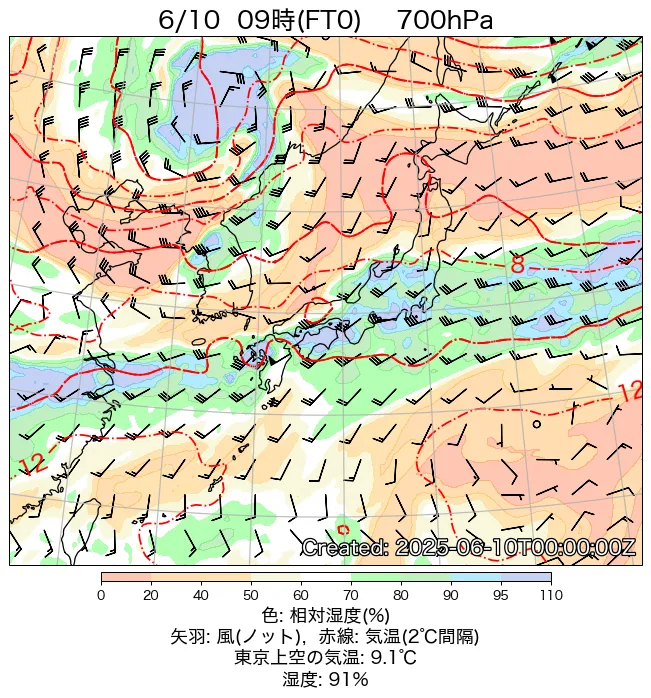2025年6月10日の日本周辺の700hPa天気図（9時）