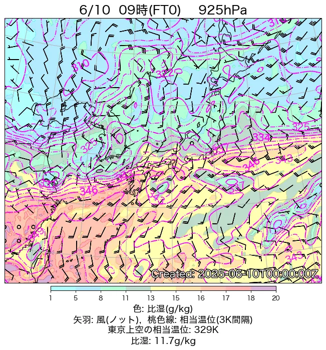 2025年6月10日の日本周辺の925hPa天気図（9時）