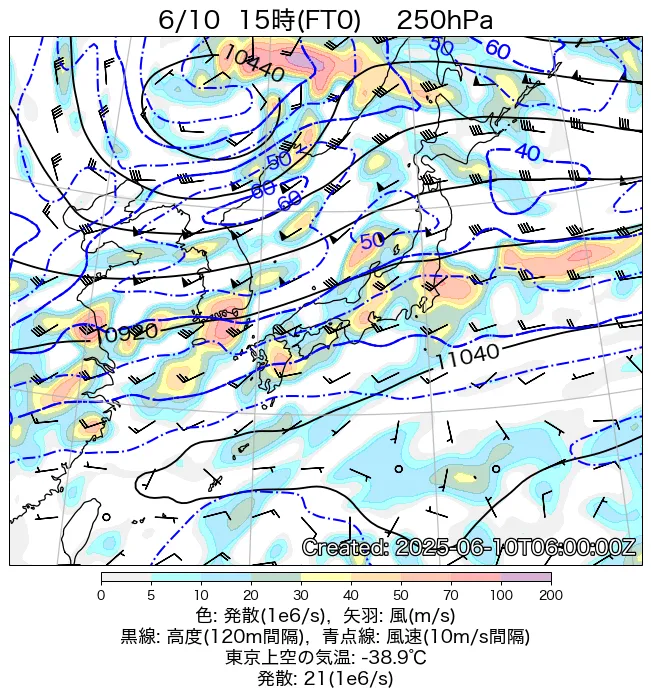 2025年6月10日の日本周辺の250hPa天気図（15時）