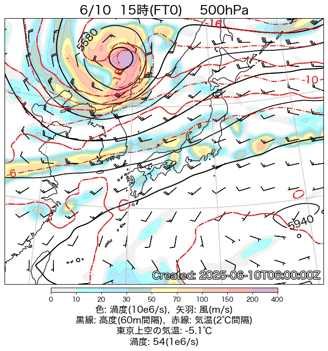 2025年6月10日の日本周辺の500hPa天気図（15時）