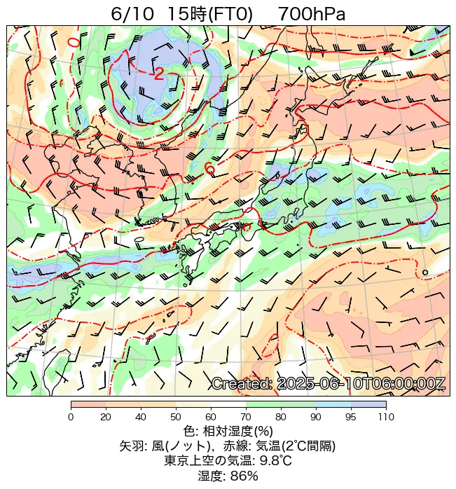 2025年6月10日の日本周辺の700hPa天気図（15時）