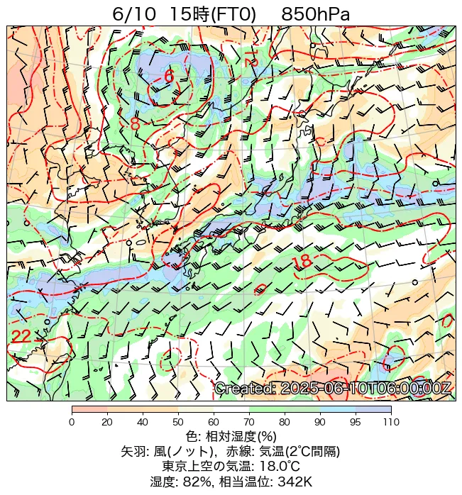 2025年6月10日の日本周辺の850hPa天気図（15時）