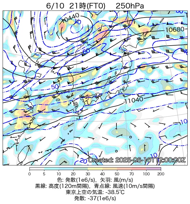 2025年6月10日の日本周辺の250hPa天気図（21時）
