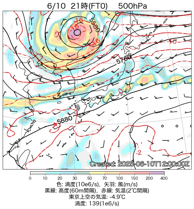 2025年6月10日の日本周辺の500hPa天気図（21時）
