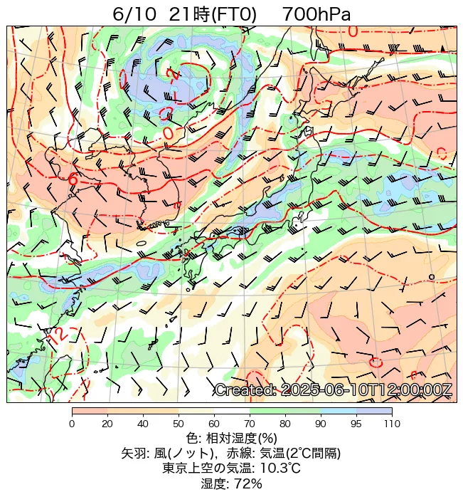 2025年6月10日の日本周辺の700hPa天気図（21時）