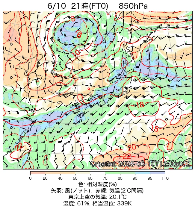 2025年6月10日の日本周辺の850hPa天気図（21時）