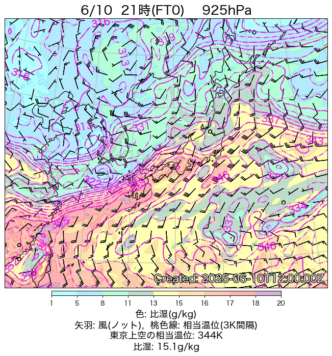 2025年6月10日の日本周辺の925hPa天気図（21時）
