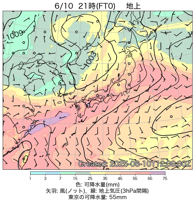 2025年6月10日の日本周辺の地上天気図（21時）