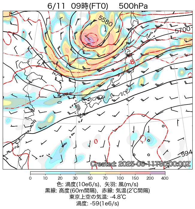 2025年6月11日の日本周辺の500hPa天気図（9時）