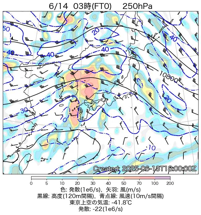 2025年6月14日の日本周辺の250hPa天気図（3時）